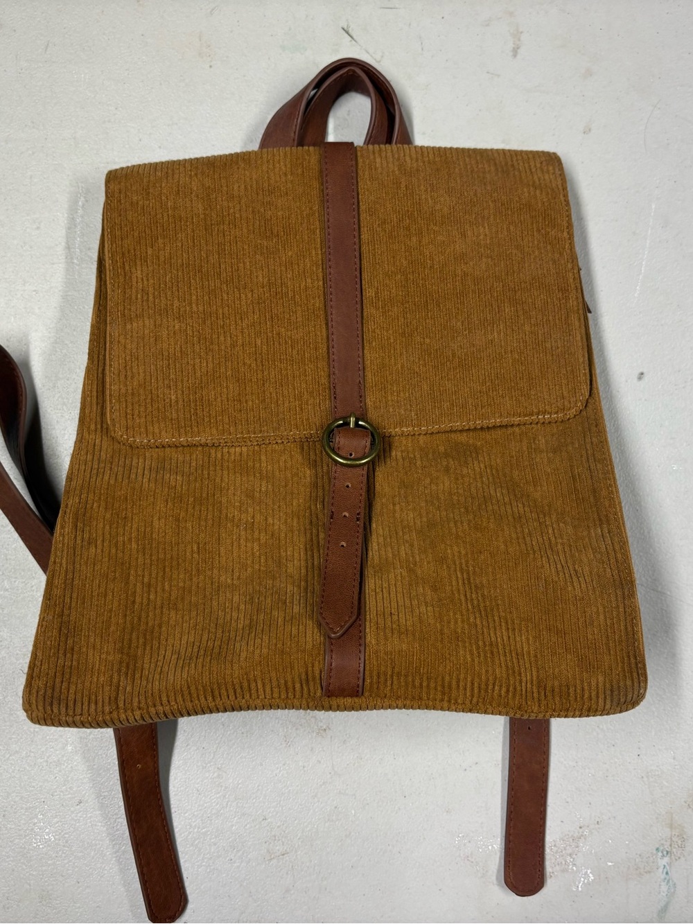 Maurices Corduroy Backpack in Mustard Brown with Brown Leather Trim